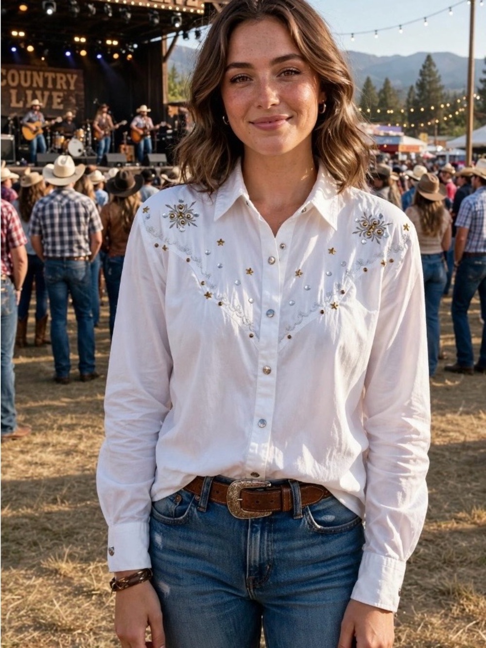 Vintage 90s White Cotton Western Shirt
Rhinestone Stars Embellished Cowgirl M